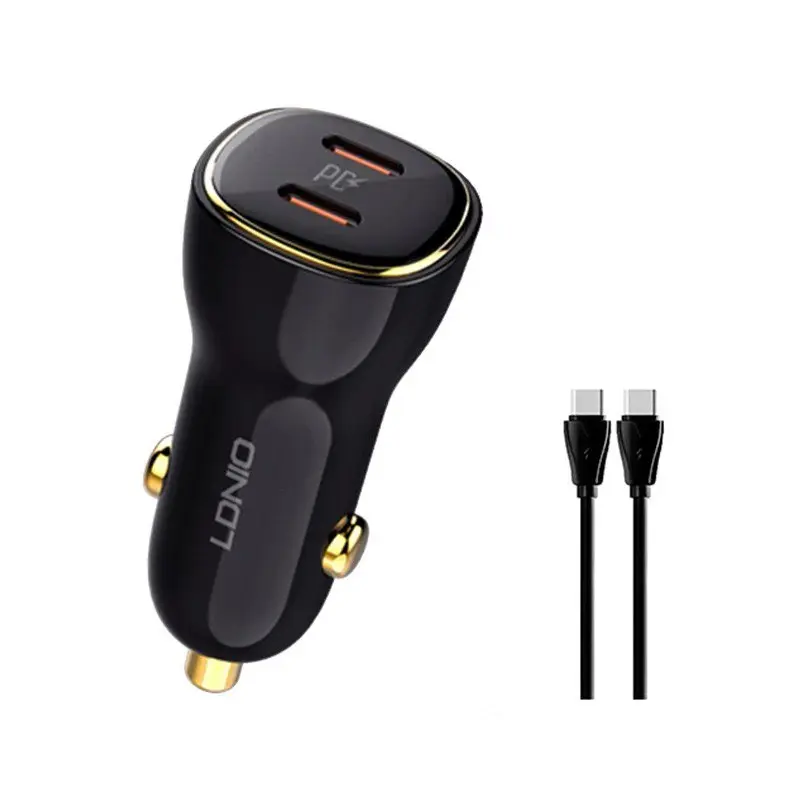 شارژر فندکی الدینیو مدل C104 فوق‌سریع ۶۰ وات با دو پورتP D، همراه با کابل USB-C